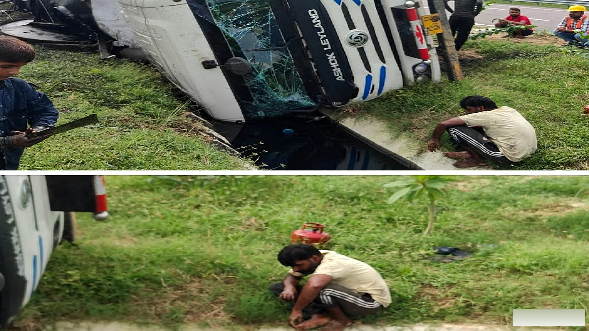 कार को बचाने में पलटा मोबिल से भरा ट्रक, चालक-क्लीनर ने कांच तोड़कर बचाई जान