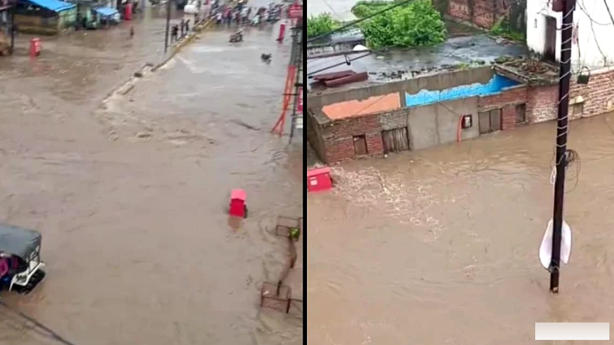 पुल बह गया, दुकानें जलमग्न: मंदाकिनी नदी खतरे के निशान से ऊपर, यूपी का शहर बाढ़ग्रस्त | वीडियो