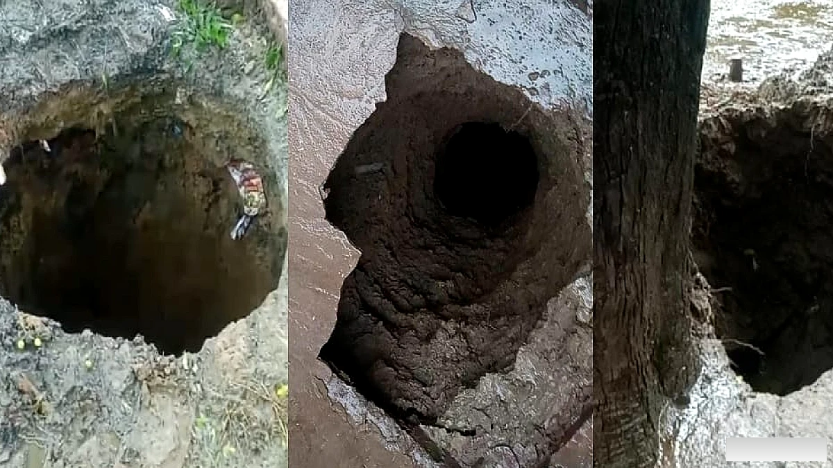थम नहीं रहा जमीन धंसने का सिलसिला, नौगंवा गौतम में बना 15 फीट गहरा गड्ढा, प्रशासन से सुरक्षा की मांग