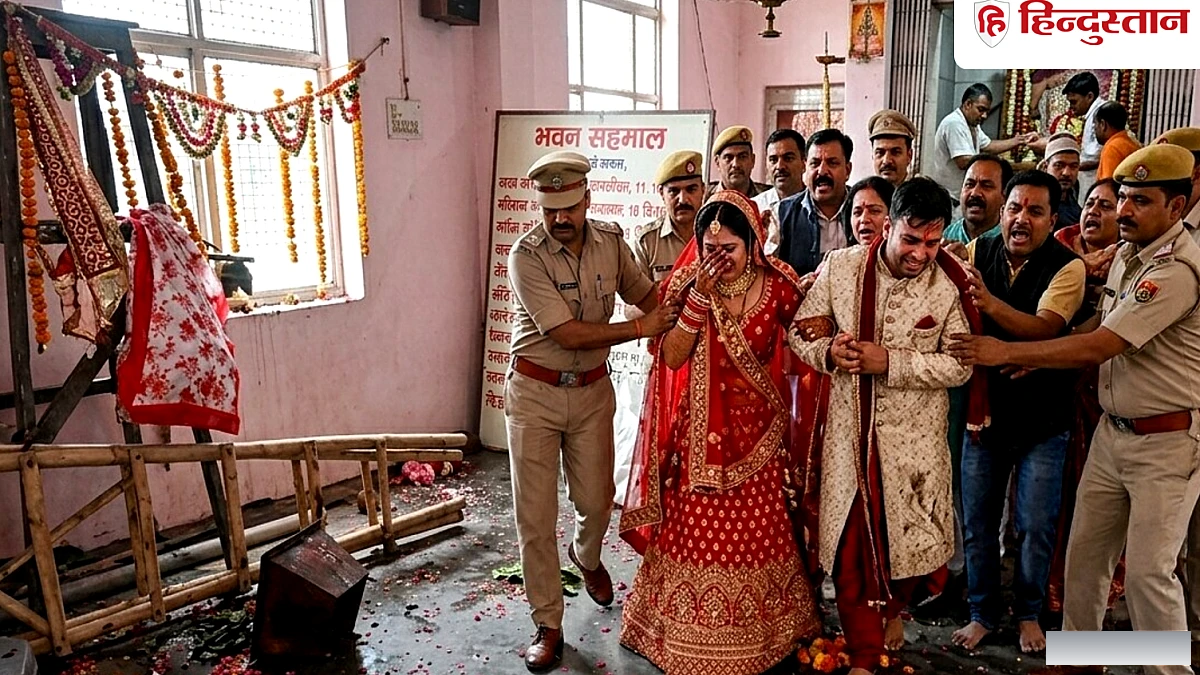 युवती के शादी के दौरान परिवार पहुँचा, मंदिर में तोड़फोड़, दूल्हा-दुल्हन को पुलिस ने गिरफ्तार