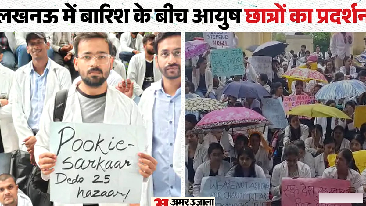 आयुर्वेद इंटर्न छात्रों का प्रदर्शन, बोले- मेहनत बराबर तो स्टाइपेंड कम क्यों; पोस्टरों में जेन-जी अंदाज