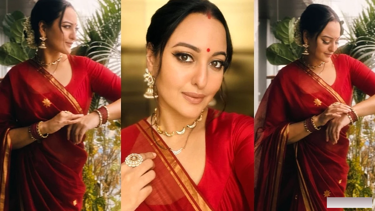 सोनाक्षी सिन्हा ने दो साल बाद फिर से दुल्हन जैसा लुक दिया, लाल साड़ी और सिंदूर में सजी