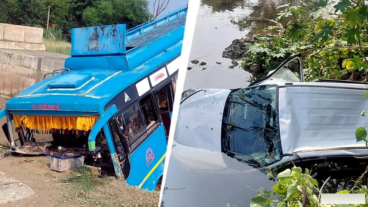 एक ही गड्ढे ने रात‑बिहाने दो हादसे किए, बस और कार दोनों उलटी
