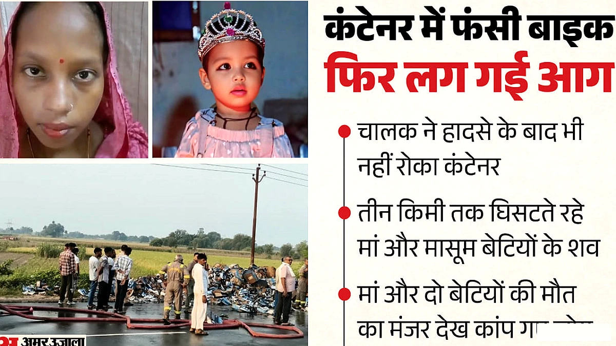 मैनपुरी में बाइक दुर्घटना से कंटेनर में आग लगकर दो बेटियों और मां की मृत्यु, पिता गंभीर