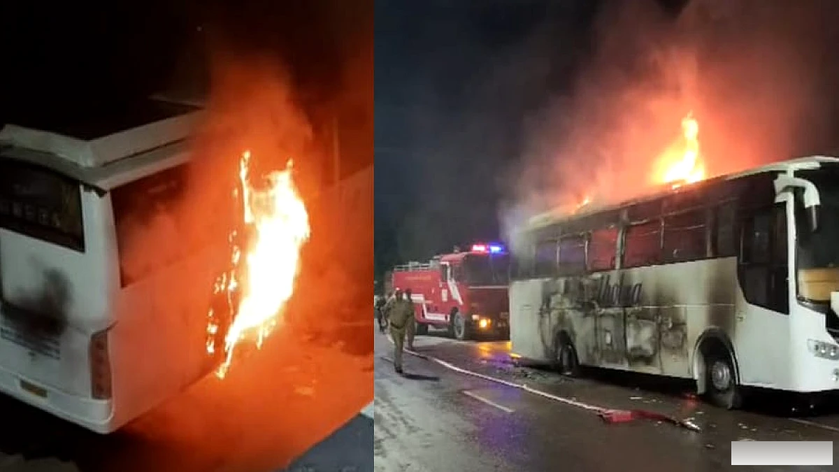 कानपुर में बस के टायर में आग लगी, बाइक सवार की सतर्कता ने बच्चों की जान बचाई