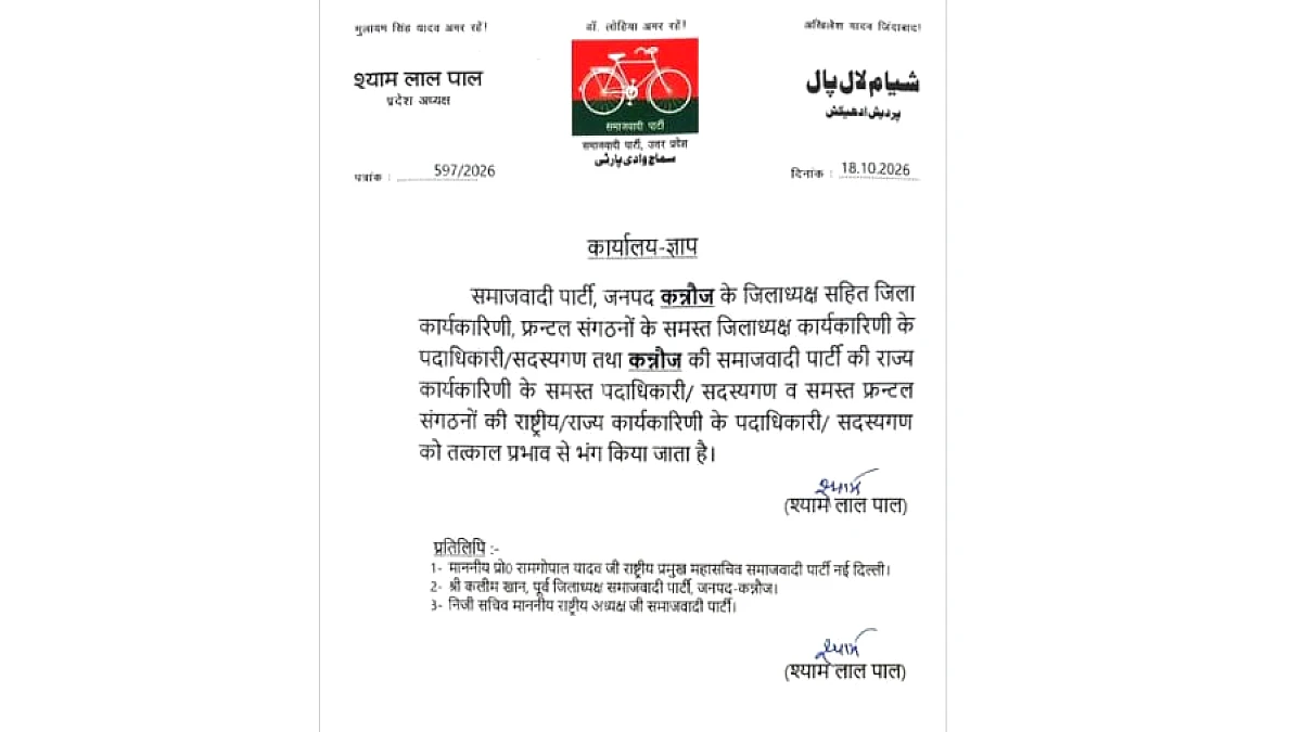 कन्नौज में सपा की इकाइयां भंग, फ्रंटल संगठनों के पदाधिकारी हटाए, राजनीतिक गतिविधि में बढ़ोतरी