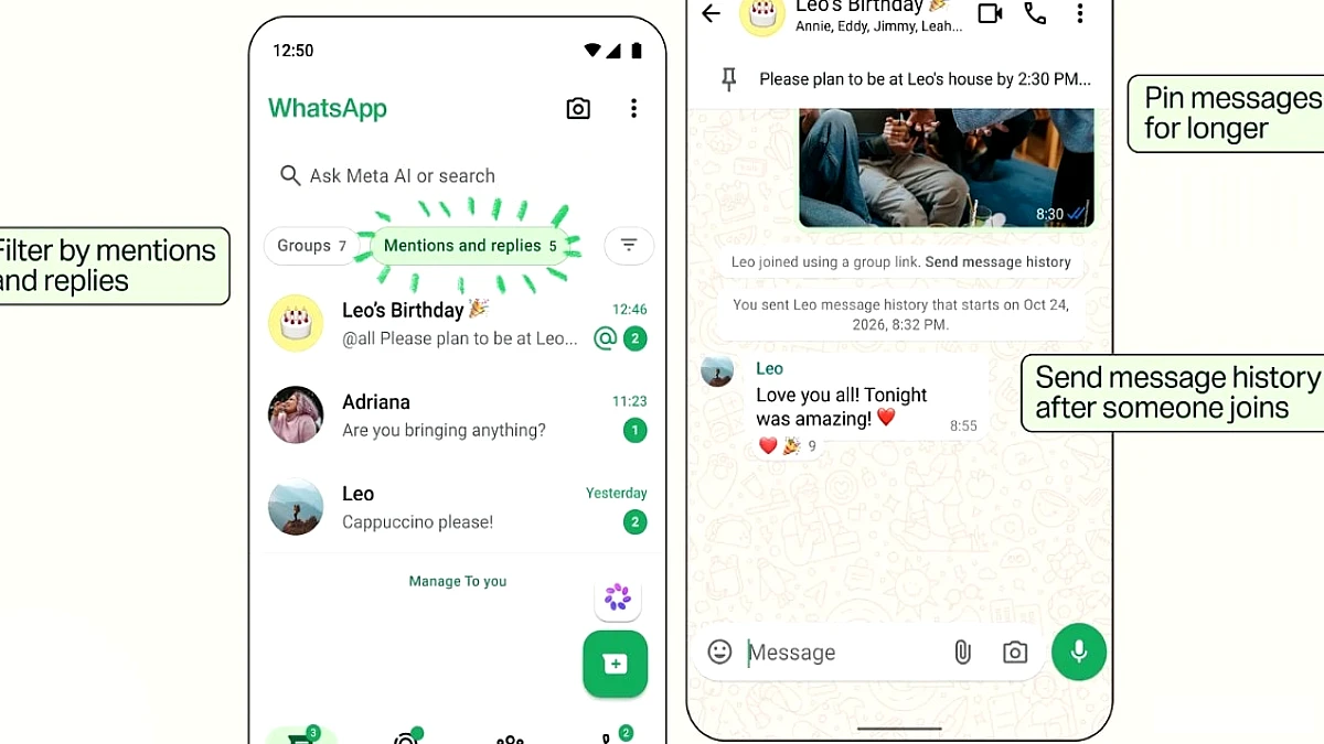 WhatsApp ने लॉन्च किया चार नया फीचर: पिन मैसेज, पुरानी बातचीत शेयर, ग्रुप स्टेटस और Mentions & Replies फ़िल्टर